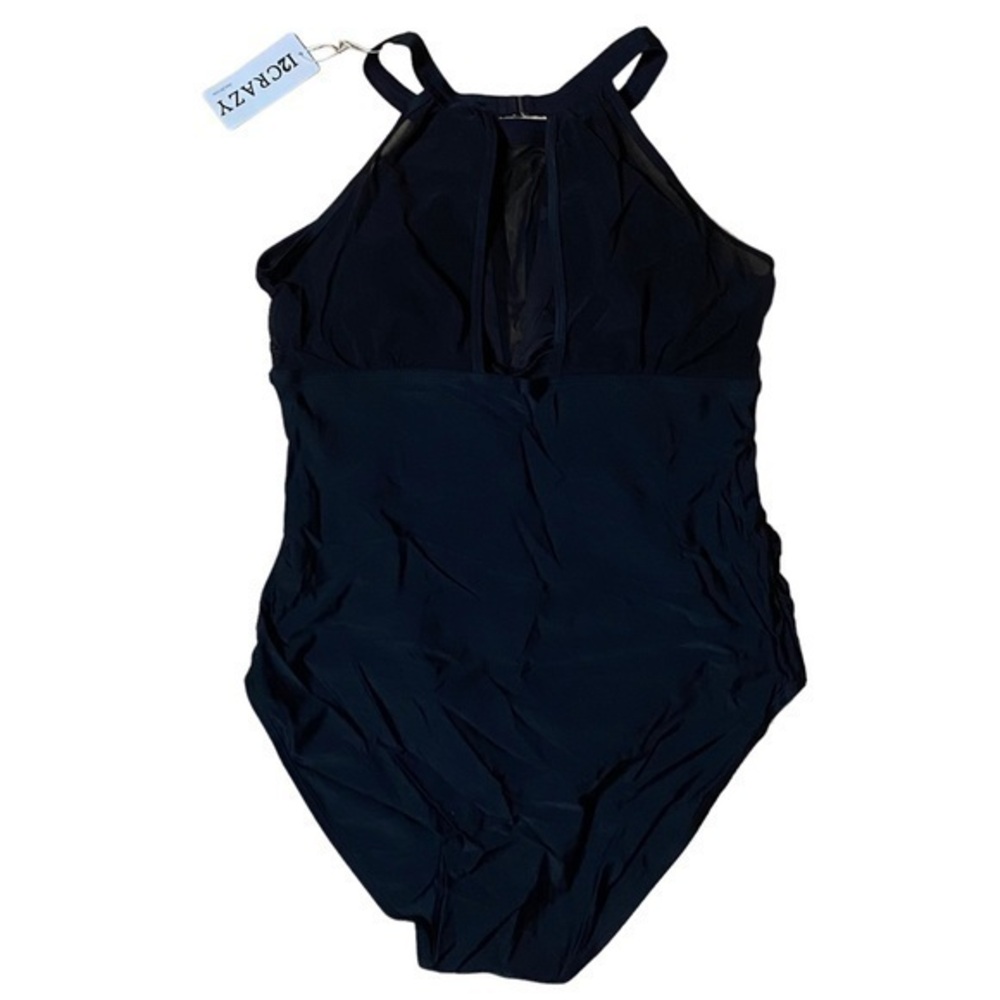 I2CRAZY High Neck Mesh Ruched Tummy Control V Neck Suit - Size XL - Black - NWT